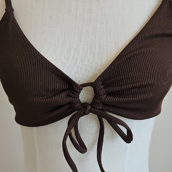 Brown Ribbed Tie-Front Bikini Top - Picture 2 of 5